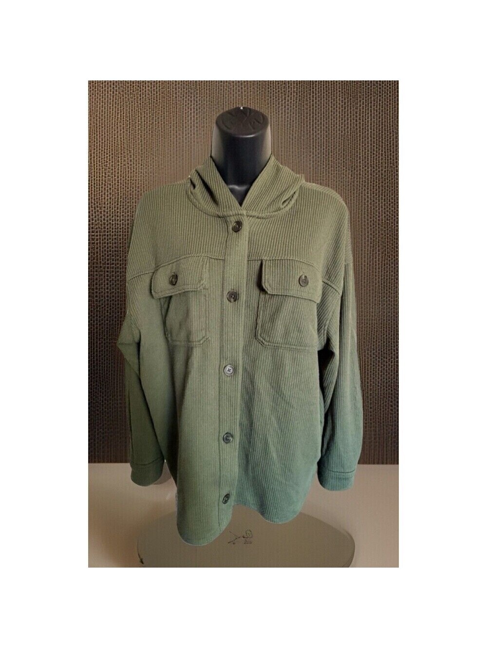 Time & Tru Women's Hooded Shacket Olive Button Up Jacket M